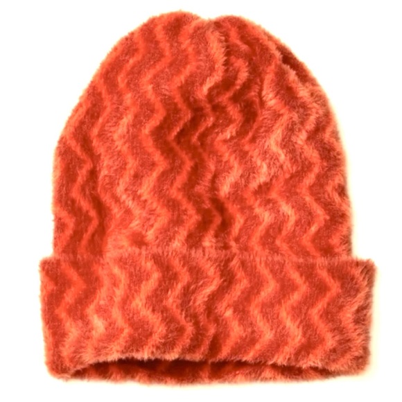 NWT FREE PEOPLE Soft Fuzzy Boho Beanie Hat NEW Orange Chevron Zigzag Combo - Picture 5 of 6